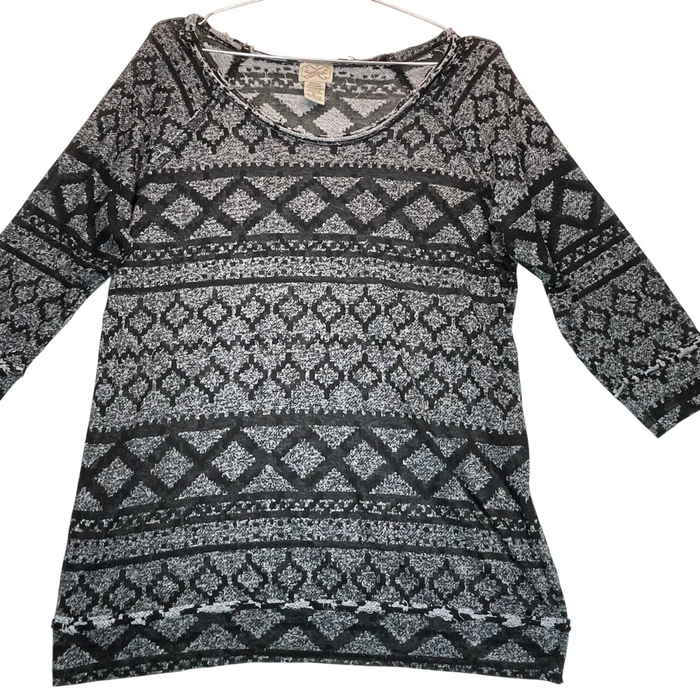 Eyelash Couture Knit Top Women XL Black White Geo Raw Edge Layering Aztec Soft